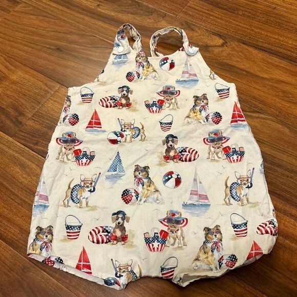 4th of July USA America Dogs Celebration Beige Lightweight Overall Shorts - Picture 1 of 4